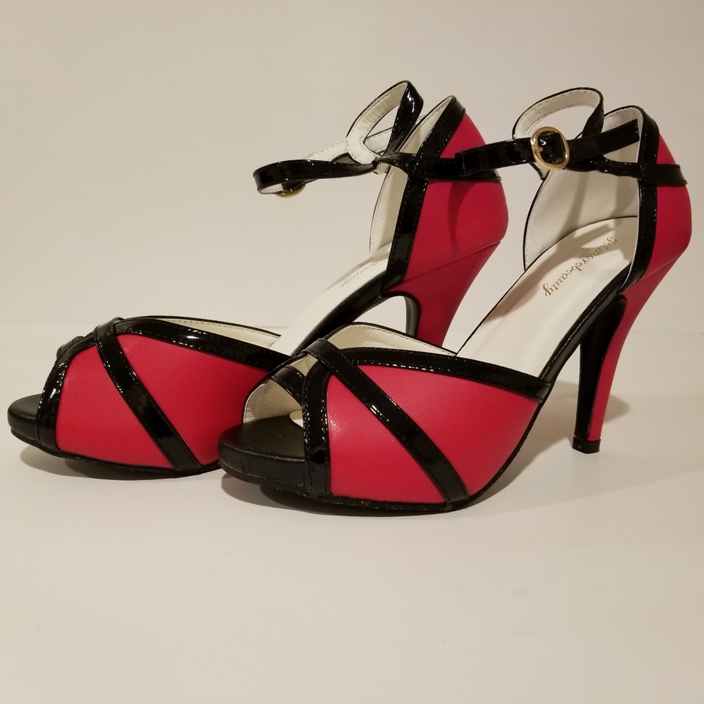 Red and Black Peep Toe 4 inch Pumps